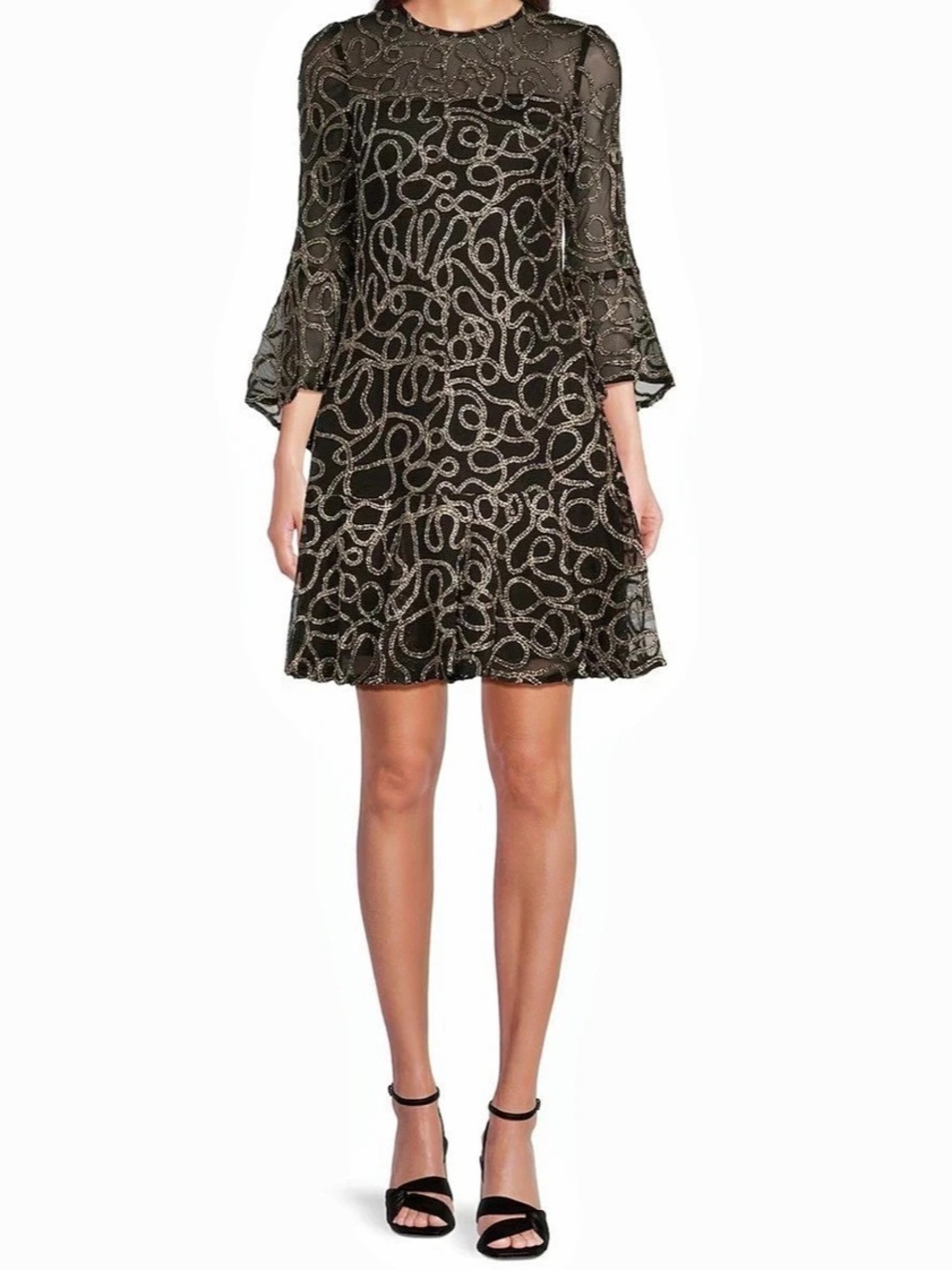 Jessica Howard Black & Gold Chain Pattern Mini Dress Size 12P